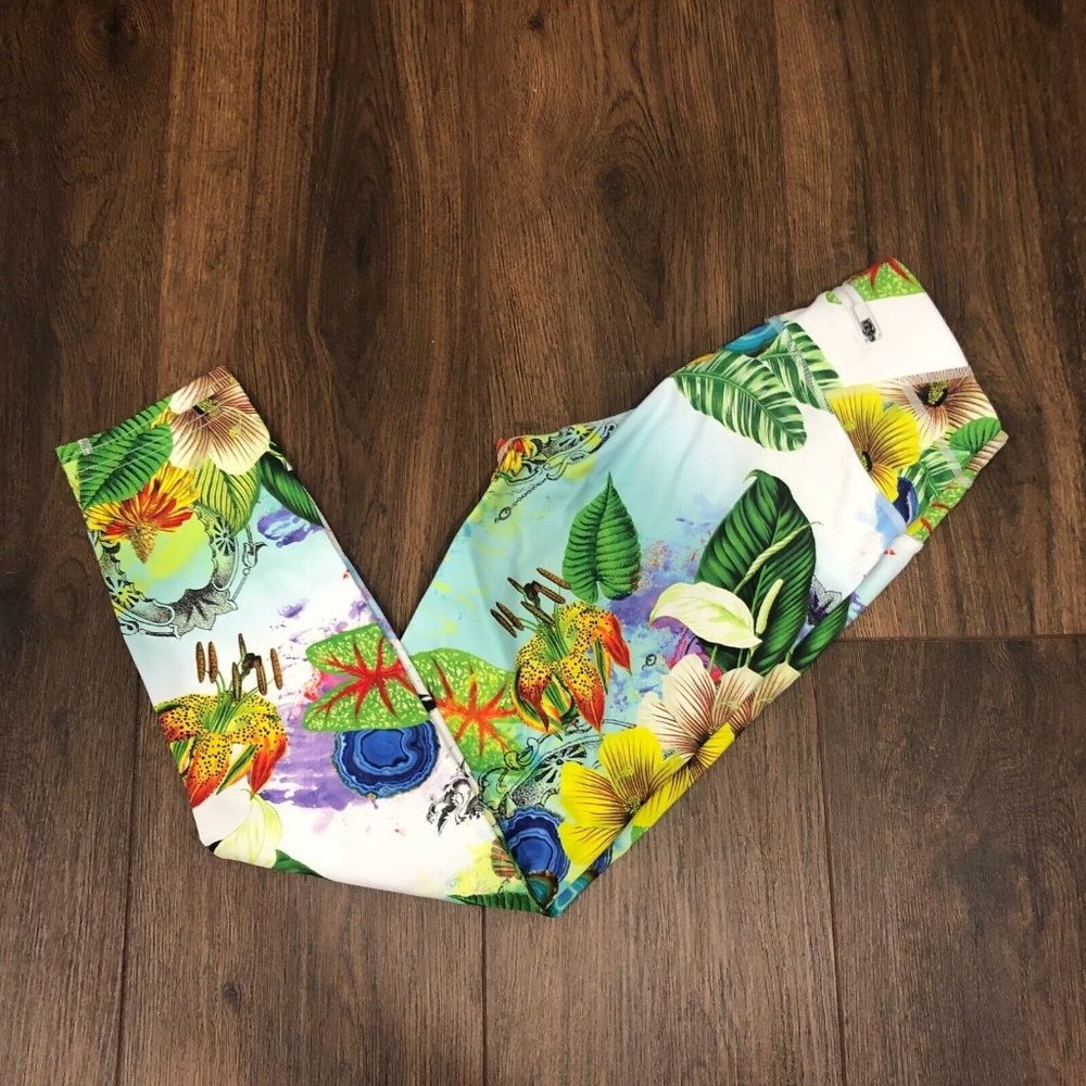 Athleta Leggings Women Sz XXS Cropped Botanical Print Floral Bright Zip Pocket